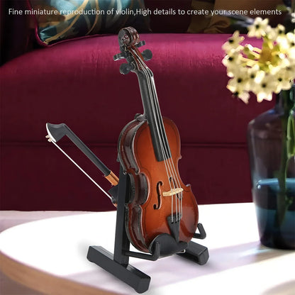Mini violin model with polished brown basswood wooden body and black stand for musicians music lovers display decor