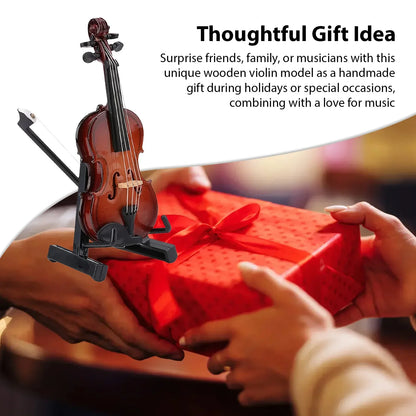Mini violin model with rich brown finish and black hardware on stand basswood wooden for musicians music lovers decor