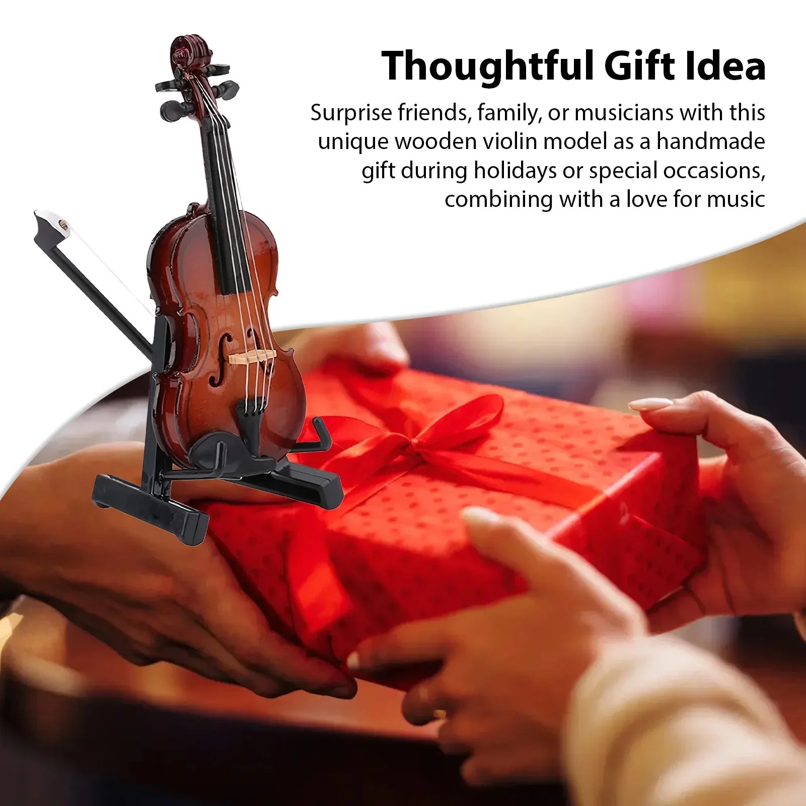 Mini violin model with rich brown stand basswood wooden finish and black hardware for musicians music lovers display