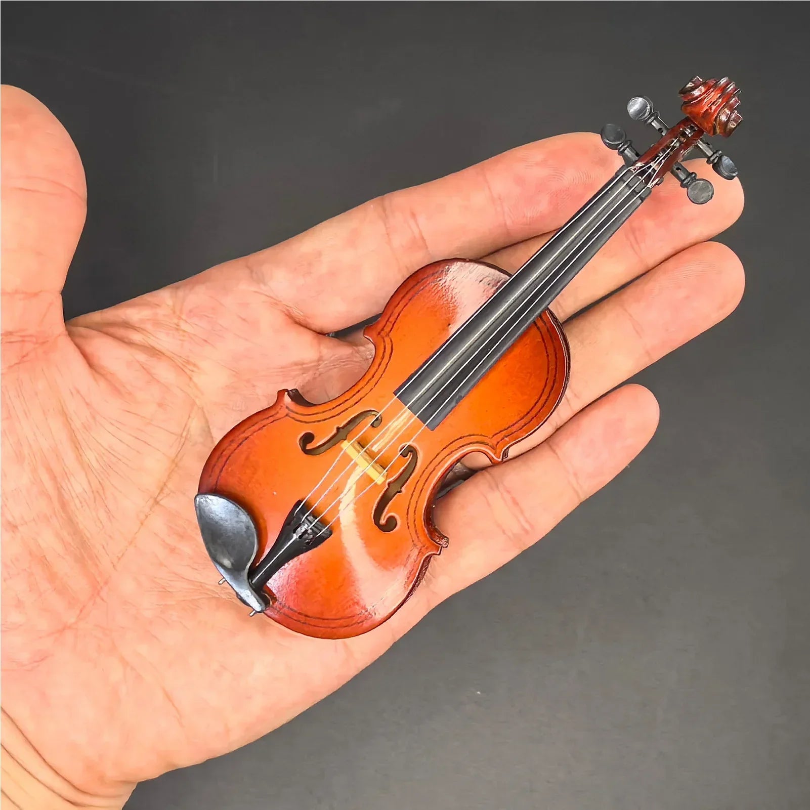 Mini violin model with stand basswood wooden craftsmanship in glossy amber brown for musicians music lovers decor
