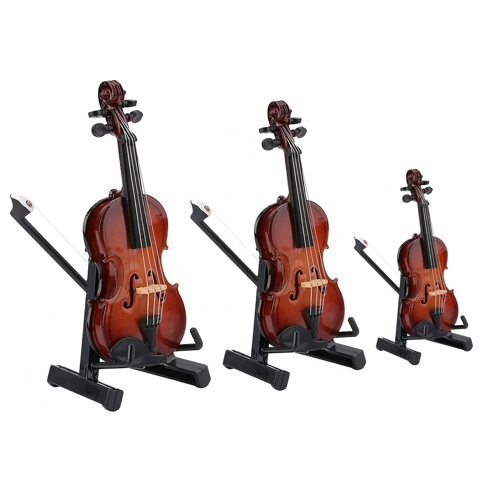Three mini violin models with stand basswood wooden polished brown violins for musicians music lovers display decor
