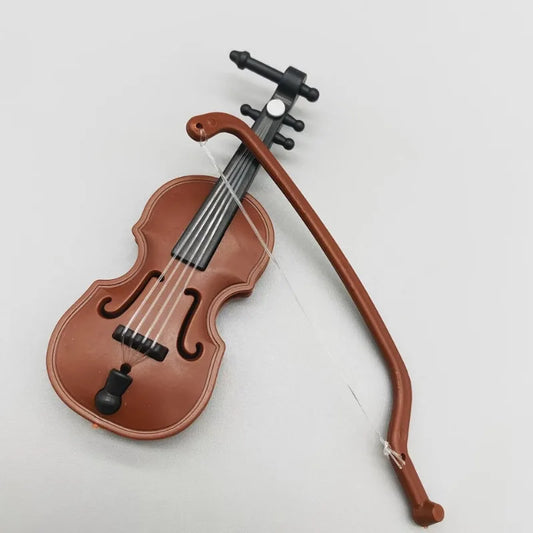 Brown plastic mini violin prop with black accents and matching bow instrument decoration handmade desktop use