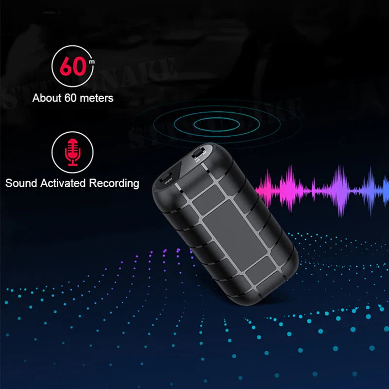 Black rugged mini voice activated recorder with grid textured surface and visible ports digital recording device