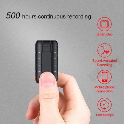 Black rectangular mini voice activated recorder with textured surface and grid pattern for sound activated recording
