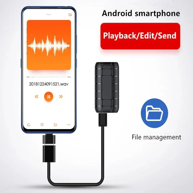 Black usb audio adapter with textured grip and cable for android smartphone playback in voice activated recorder device