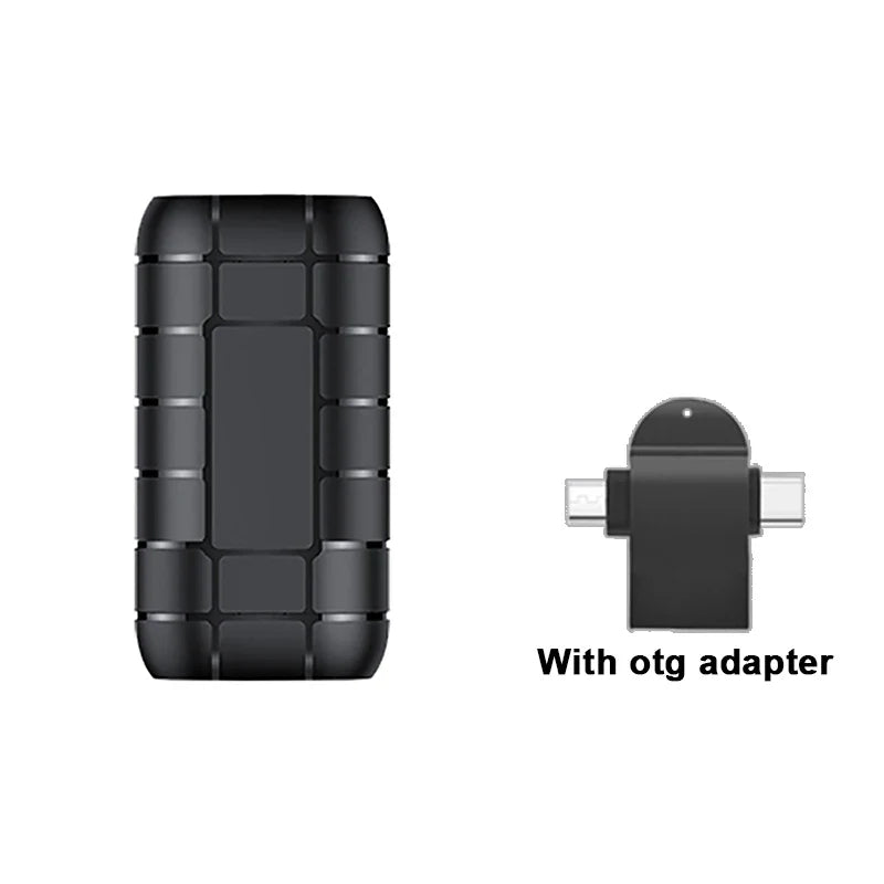 Black rugged mini voice activated recorder with textured design and usb-c otg adapter for sound activated recording