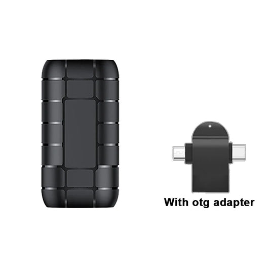 Black rugged mini voice activated recorder with textured design and usb-c otg adapter for sound activated recording