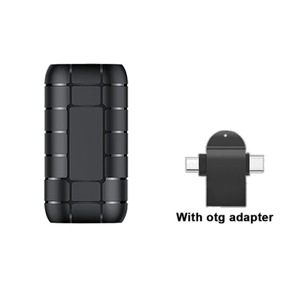 Black rugged mini voice activated recorder with textured design and usb-c otg adapter digital recording device