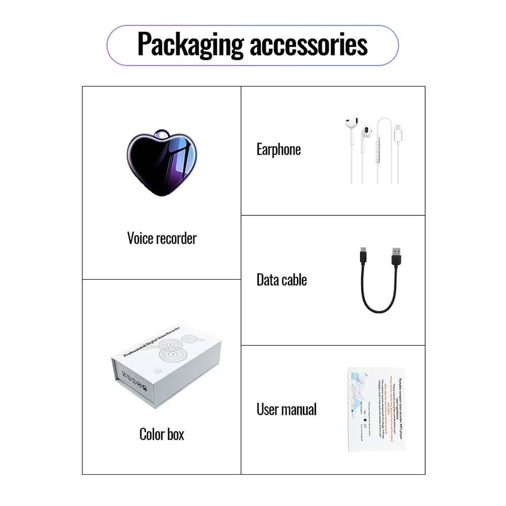 Black heart-shaped mini voice recorder with glossy surface micro recording pendant for lectures meetings interviews small audio player