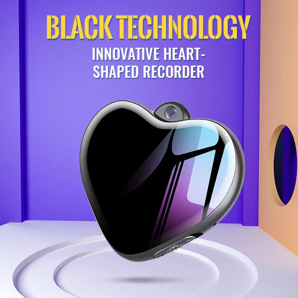 Black heart-shaped mini voice recorder with glossy surface and metallic edges for micro recording pendant use in lectures meetings interviews