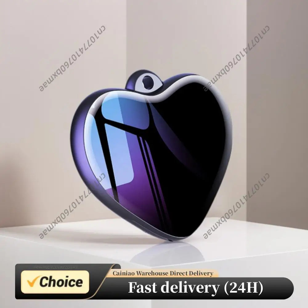Glossy black and purple heart-shaped micro recording pendant with reflective surface for lectures meetings interviews