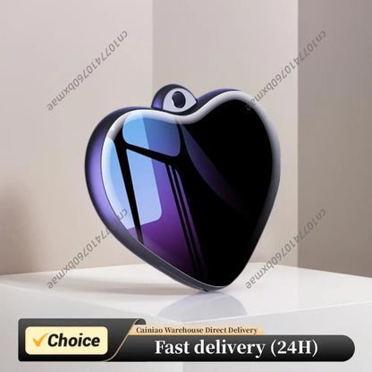 Glossy black and purple heart-shaped micro recording pendant with reflective surface for lectures meetings interviews
