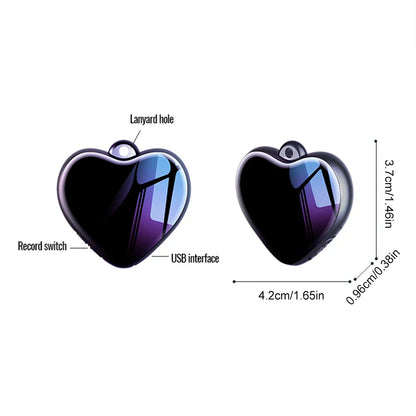 Glossy black and purple heart-shaped micro recording pendant with usb interface and record switch for lectures meetings interviews
