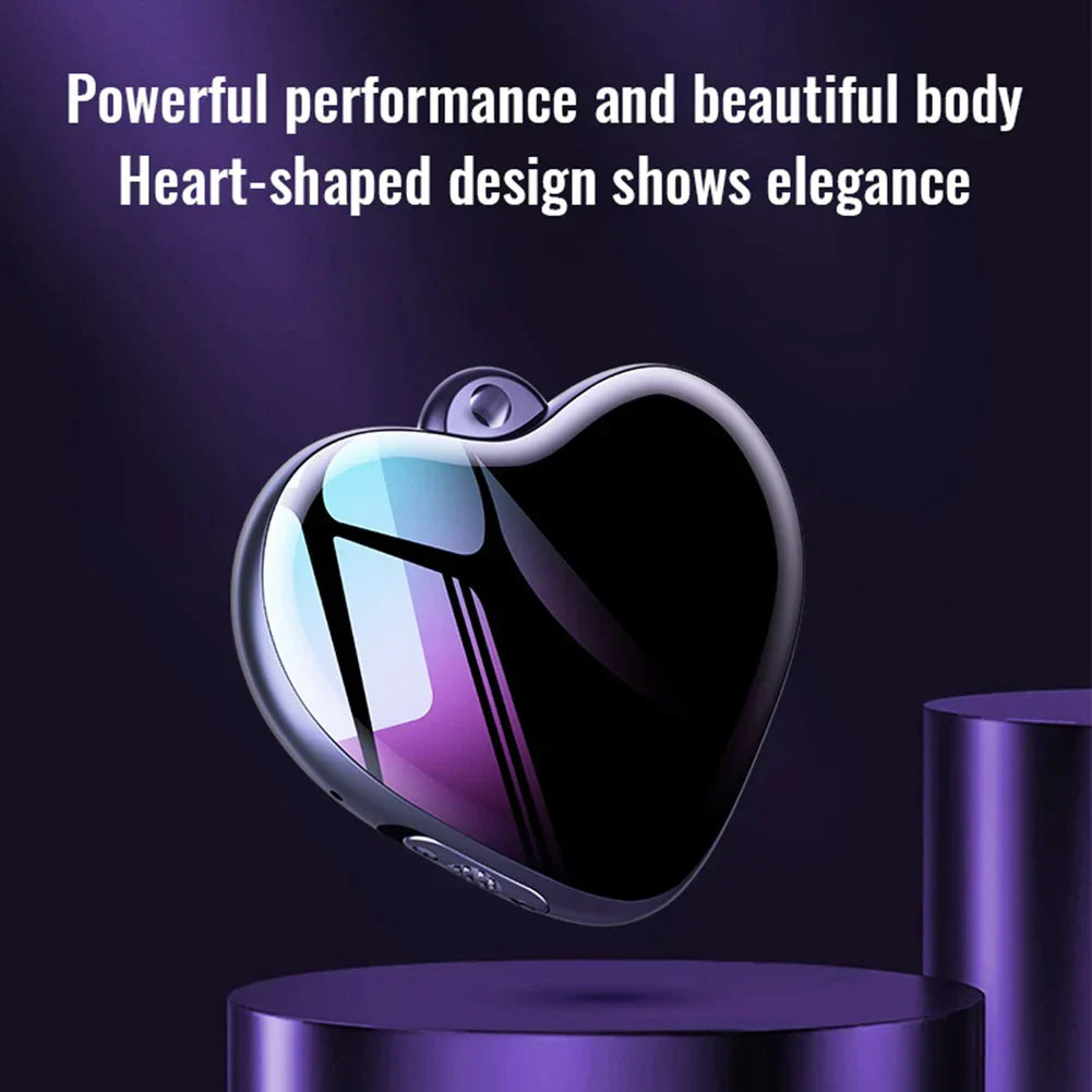 Heart-shaped micro recording pendant small audio player with noise reduction in black and iridescent purple for lectures meetings interviews