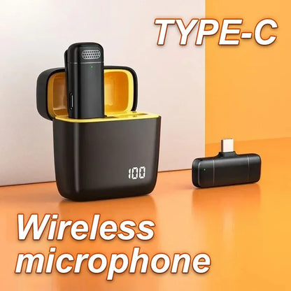 Black mini wireless lavalier microphone with yellow charging case type-c port digital display for portable noise reduction