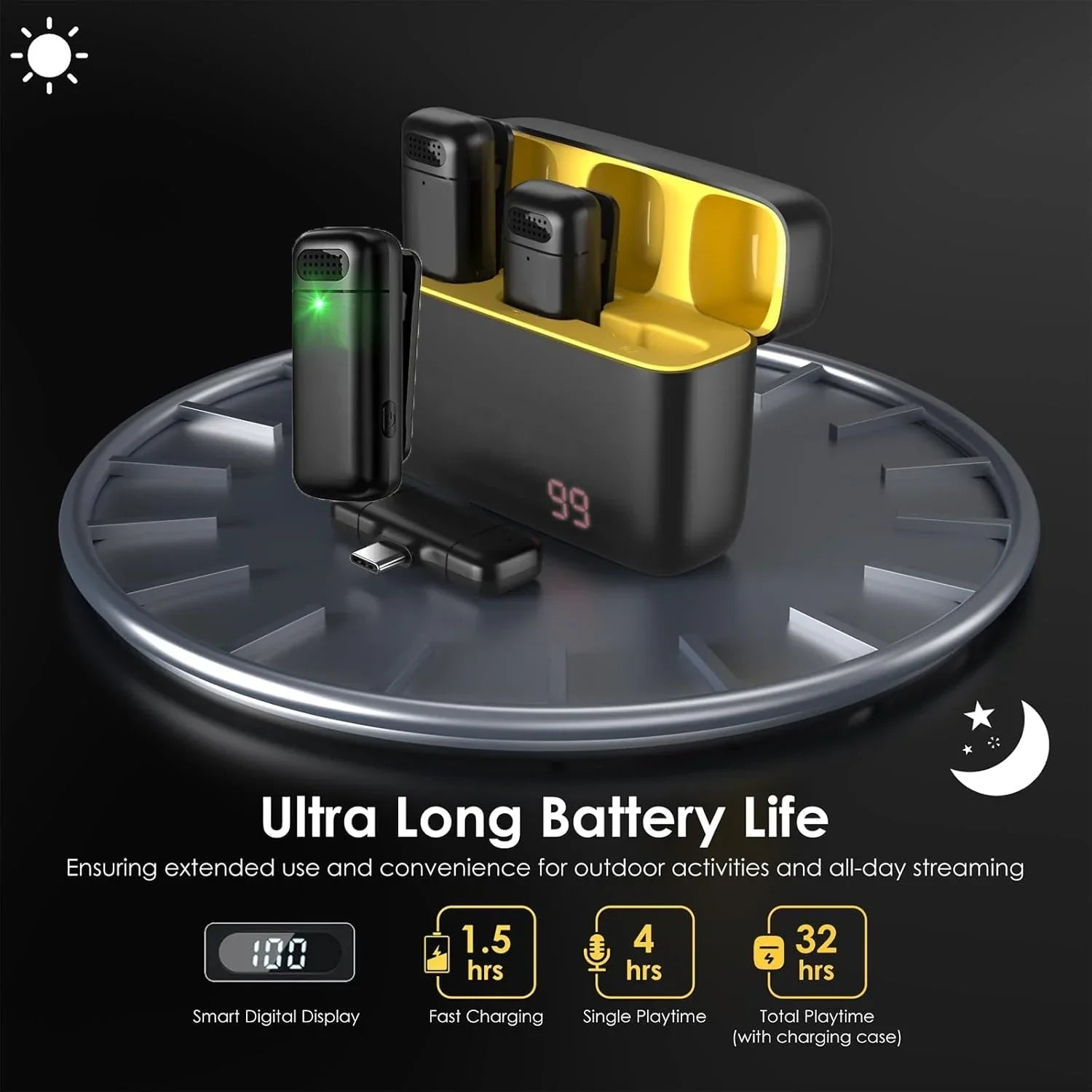 Black mini wireless lavalier earbuds with glowing green light in a yellow interior charging case for portable noise reduction and sound quality
