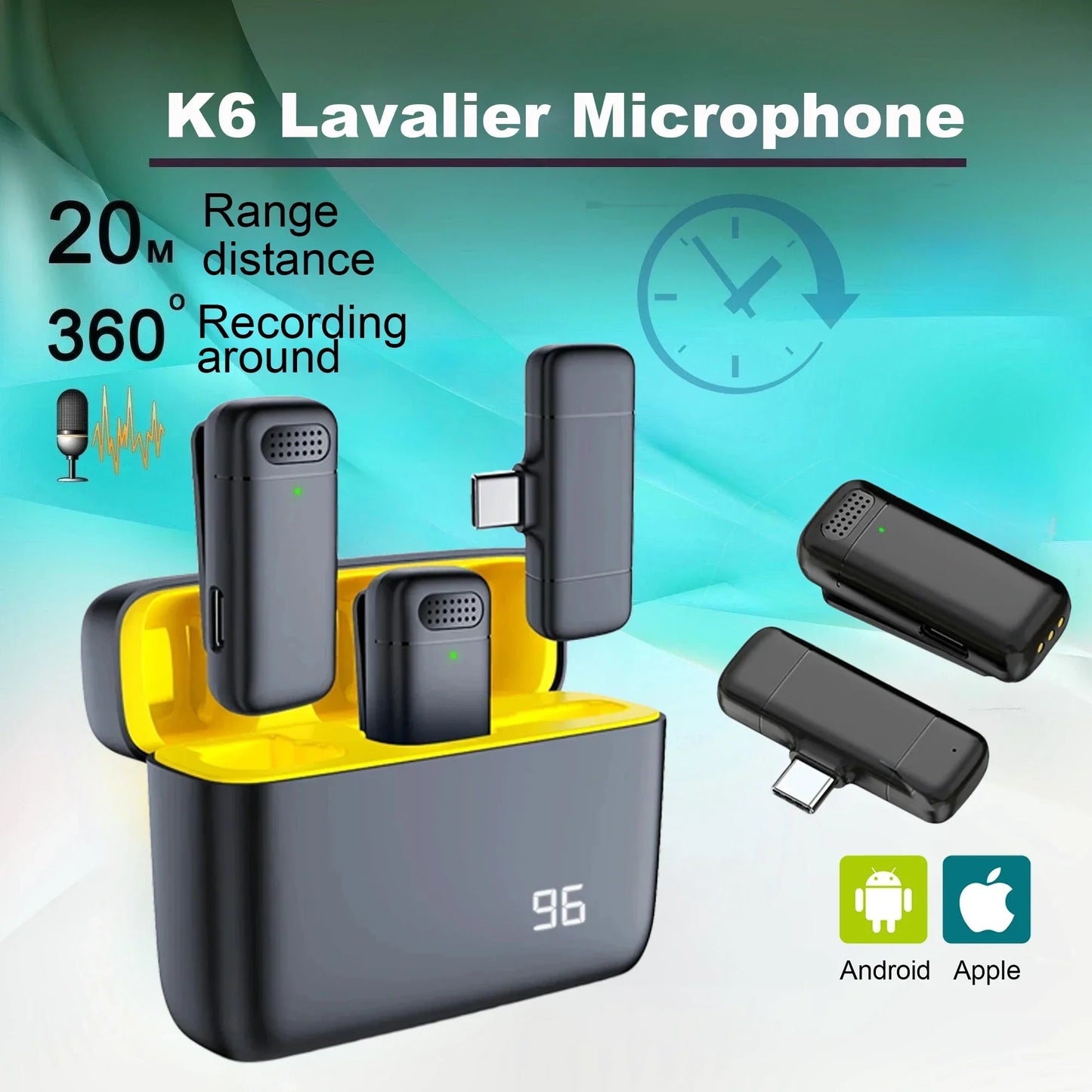 Black k6 mini wireless lavalier microphone with usb-c connector in a yellow and black portable noise reduction charging case