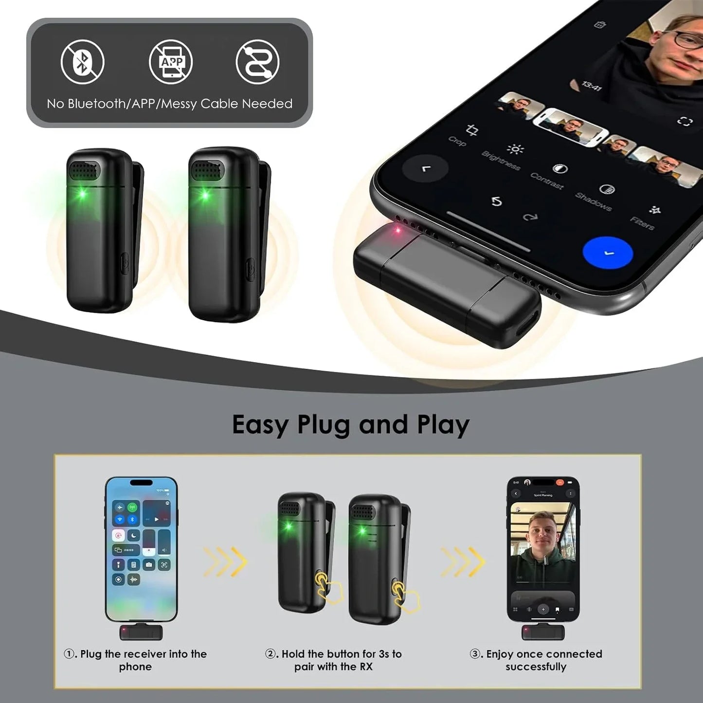 Black mini wireless lavalier phone camera receiver with green led indicator for portable noise reduction and sound quality