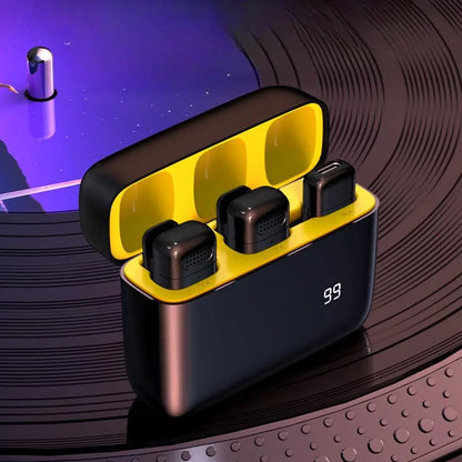 Black and yellow mini wireless lavalier earbuds in a modern charging case with digital display for portable noise reduction and sound quality