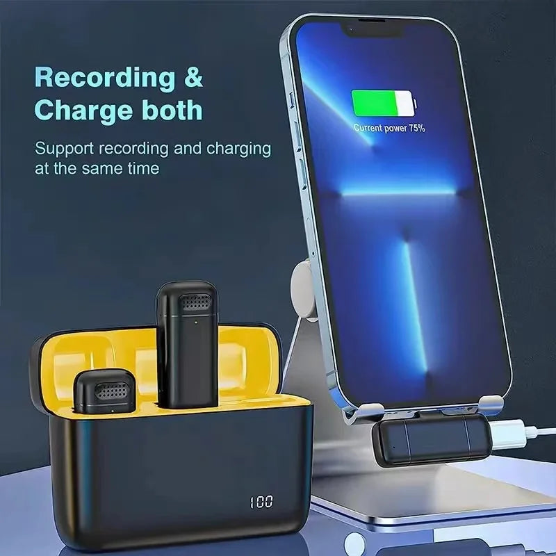 Black and yellow mini wireless lavalier charging case with two black earbuds for portable noise reduction and sound quality recording