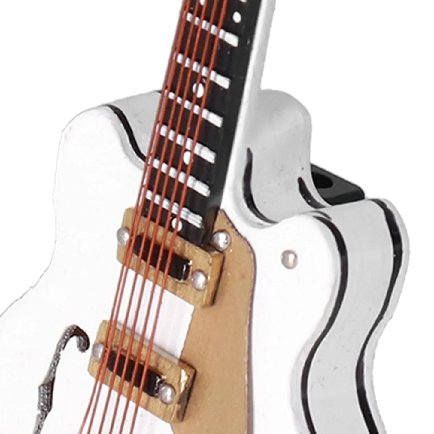 White miniature guitar model with black pickguard gold pickups on stand handicraft ornaments for office decoration
