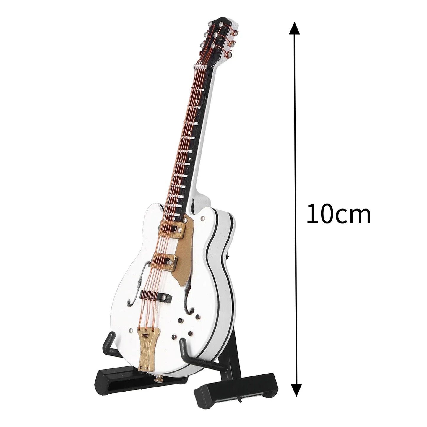 White miniature guitar model with black pickguard and gold hardware on a stand handicraft ornament for office decoration