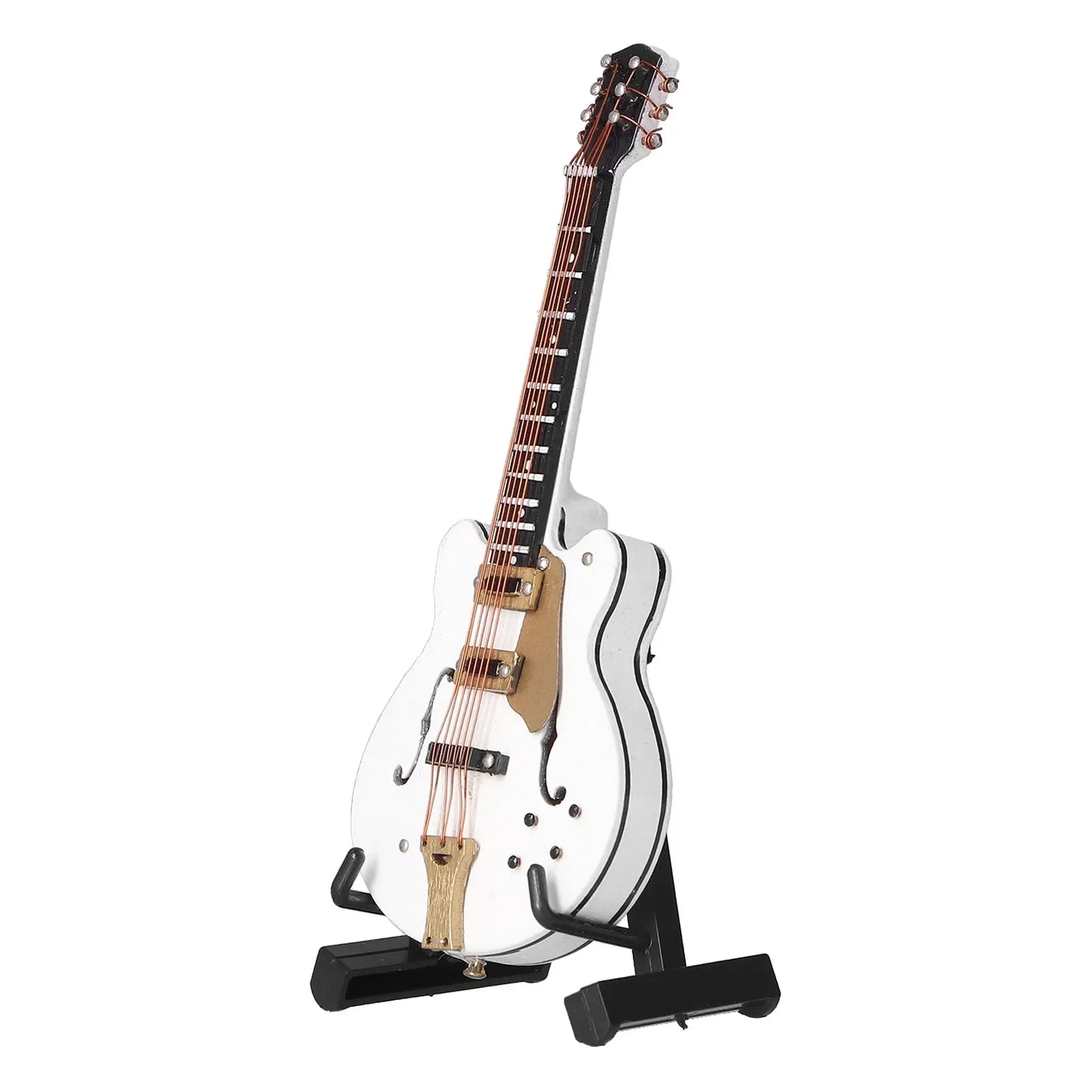 White miniature guitar model with black pickguard and gold hardware on stand handicraft ornaments for office decoration