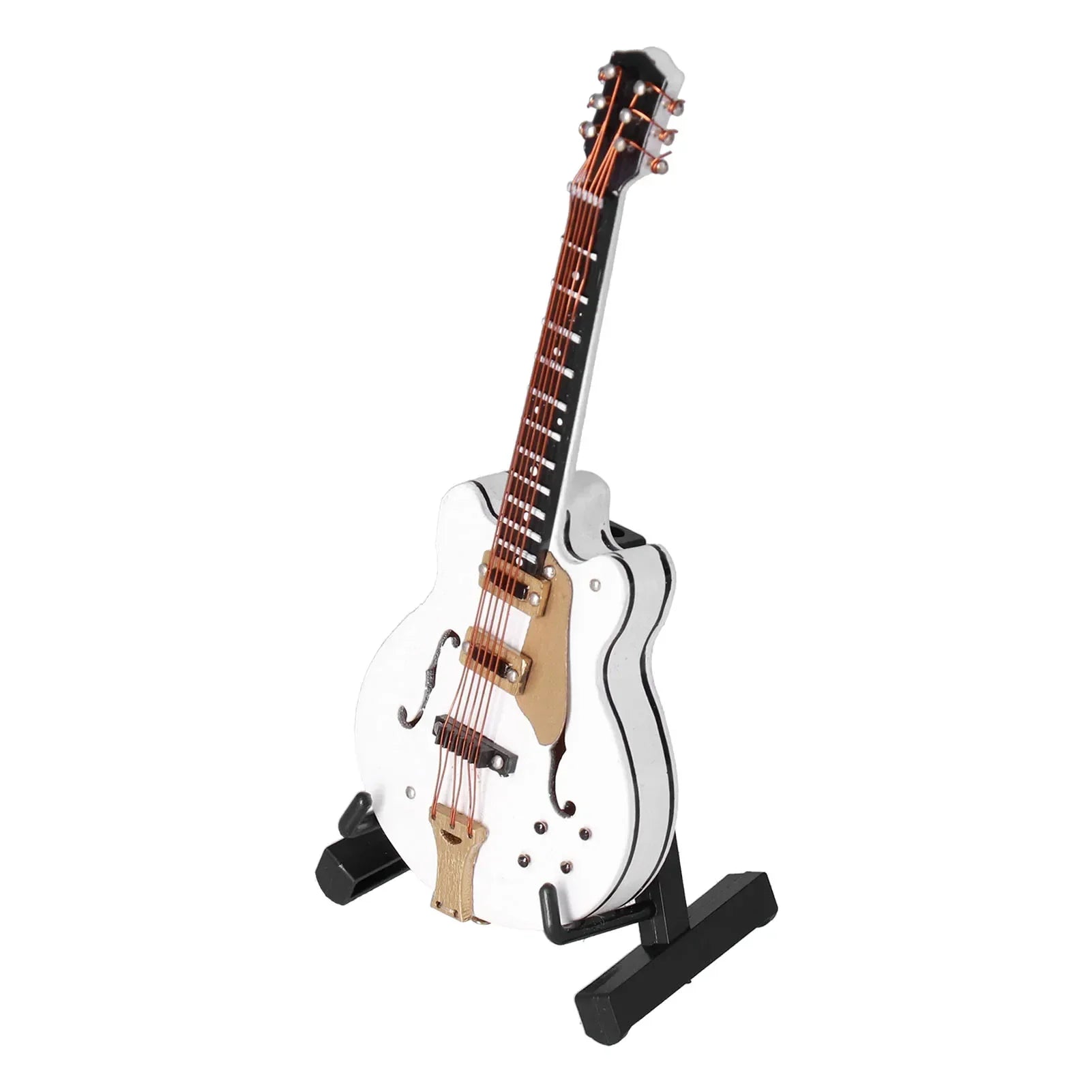 White miniature guitar model with gold pickguard on black stand handicraft ornaments for home and office decoration