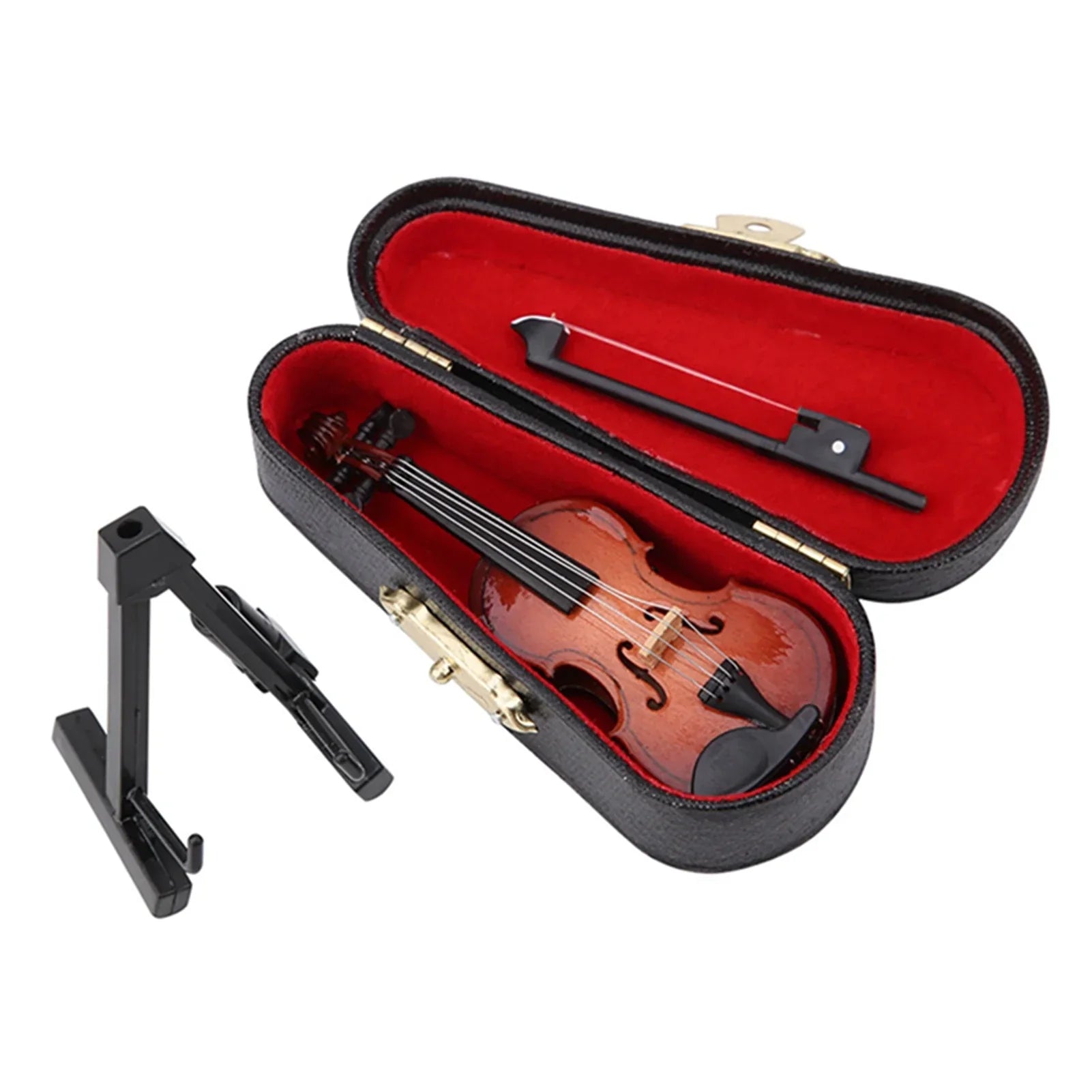 Miniature violin model with glossy brown finish nestled in black stand case dollhouse lined with red velvet instrument decor gift