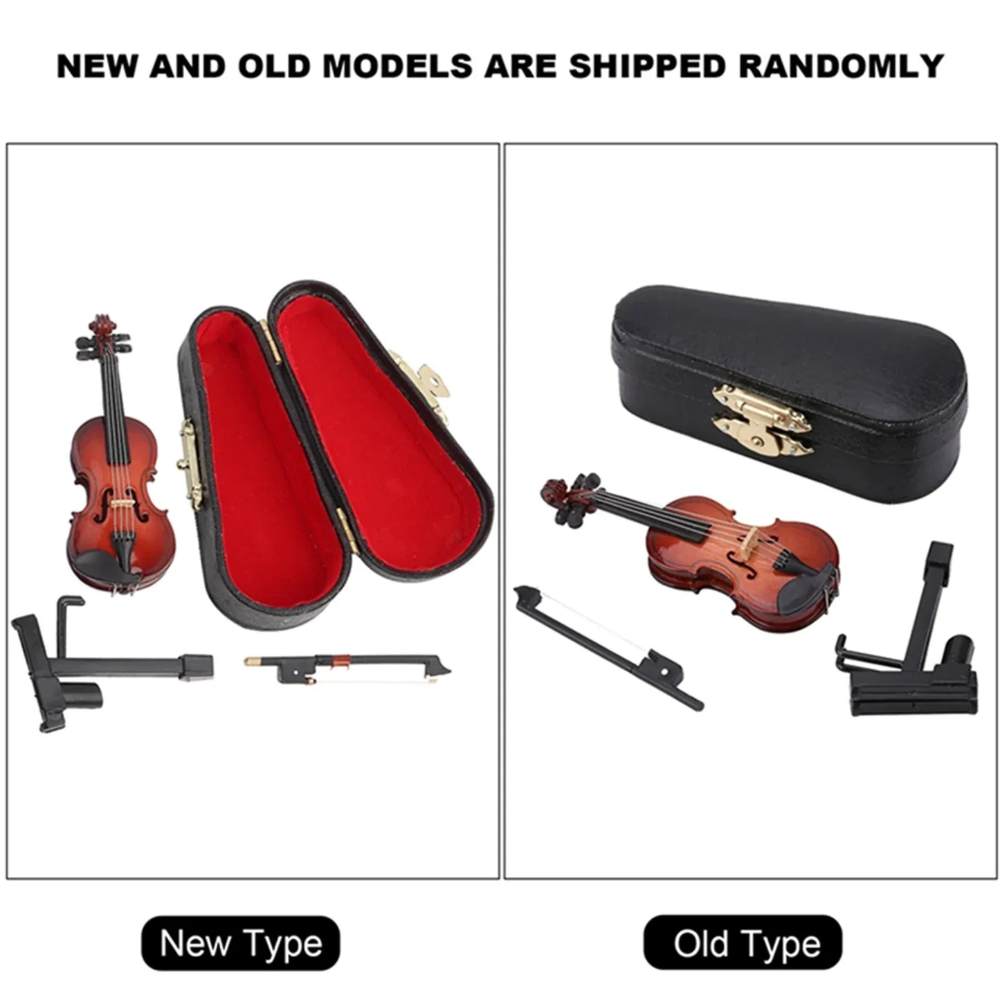 Miniature violin model with glossy reddish-brown finish and black hardware in a stand case dollhouse with bow and stand