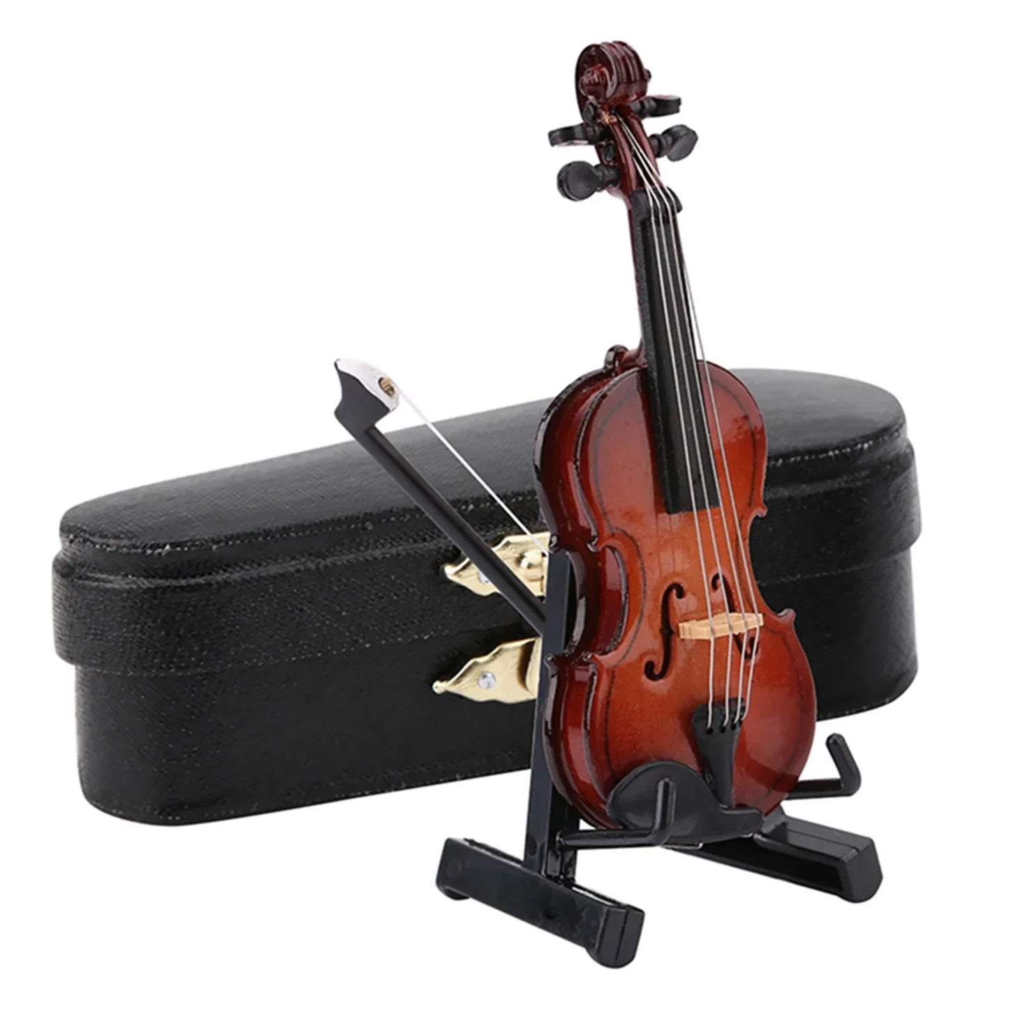 Miniature violin model with glossy reddish brown finish and black neck displayed on stand case dollhouse instrument decor gift