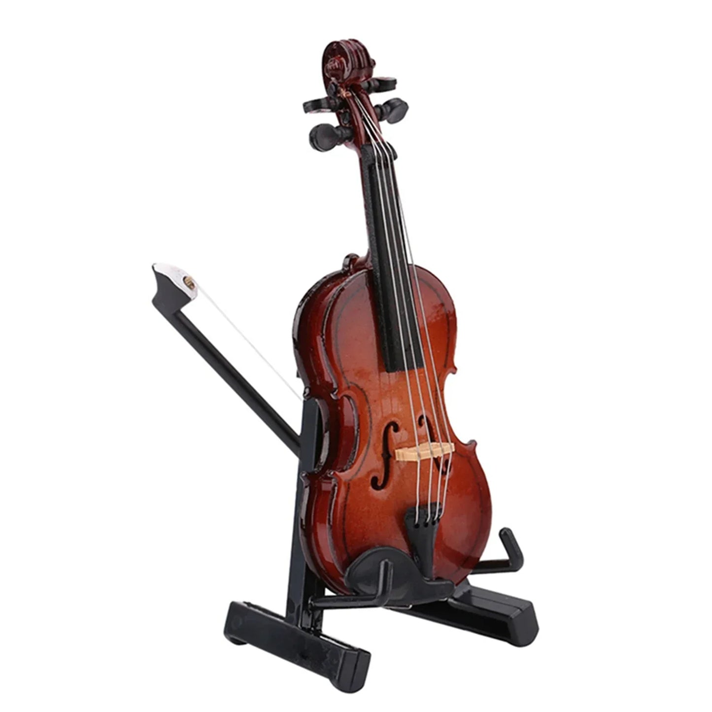 Miniature violin model with glossy reddish-brown finish and black hardware on black metal stand case dollhouse decor gift