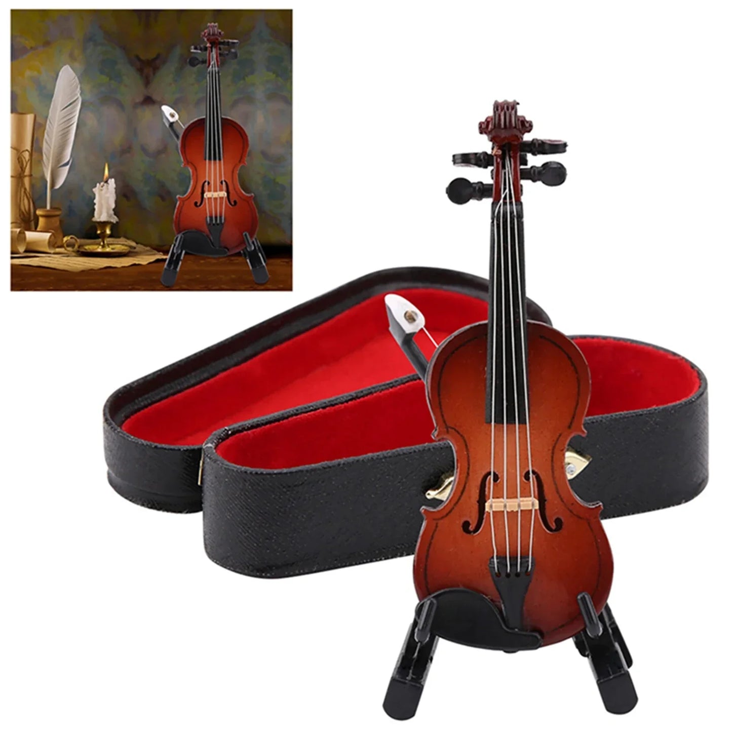 Miniature violin model with glossy reddish-brown finish and black hardware in an open stand case dollhouse instrument decor gift