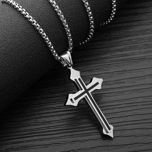 Silver stainless steel minimalist cross necklace with black oil drop accents and sleek angular drop pendant silver design