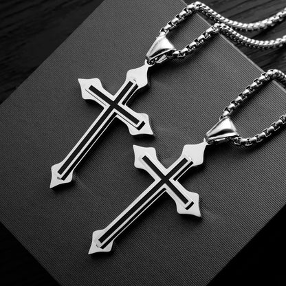 Stylish minimalist cross necklace with black oil drop detailing and drop pendant silver color stainless steel chain