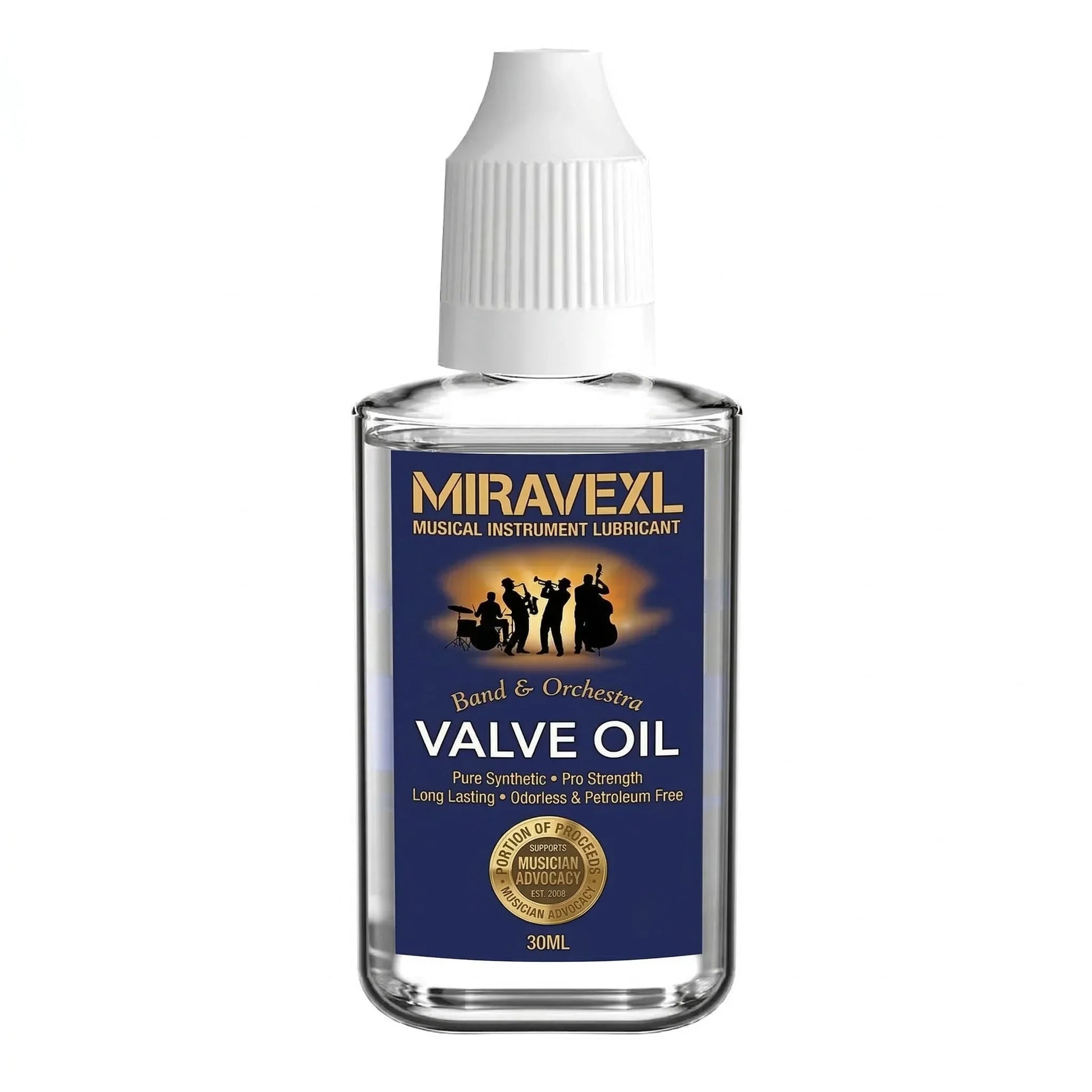 Clear glass bottle with white ribbed cap labeled miravexl 30ml musical valve oil grease for saxophone brass horn maintenance