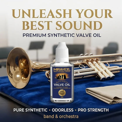 A clear glass bottle with white cap and blue label of miravexl 30ml musical valve oil grease for saxophone brass horn maintenance