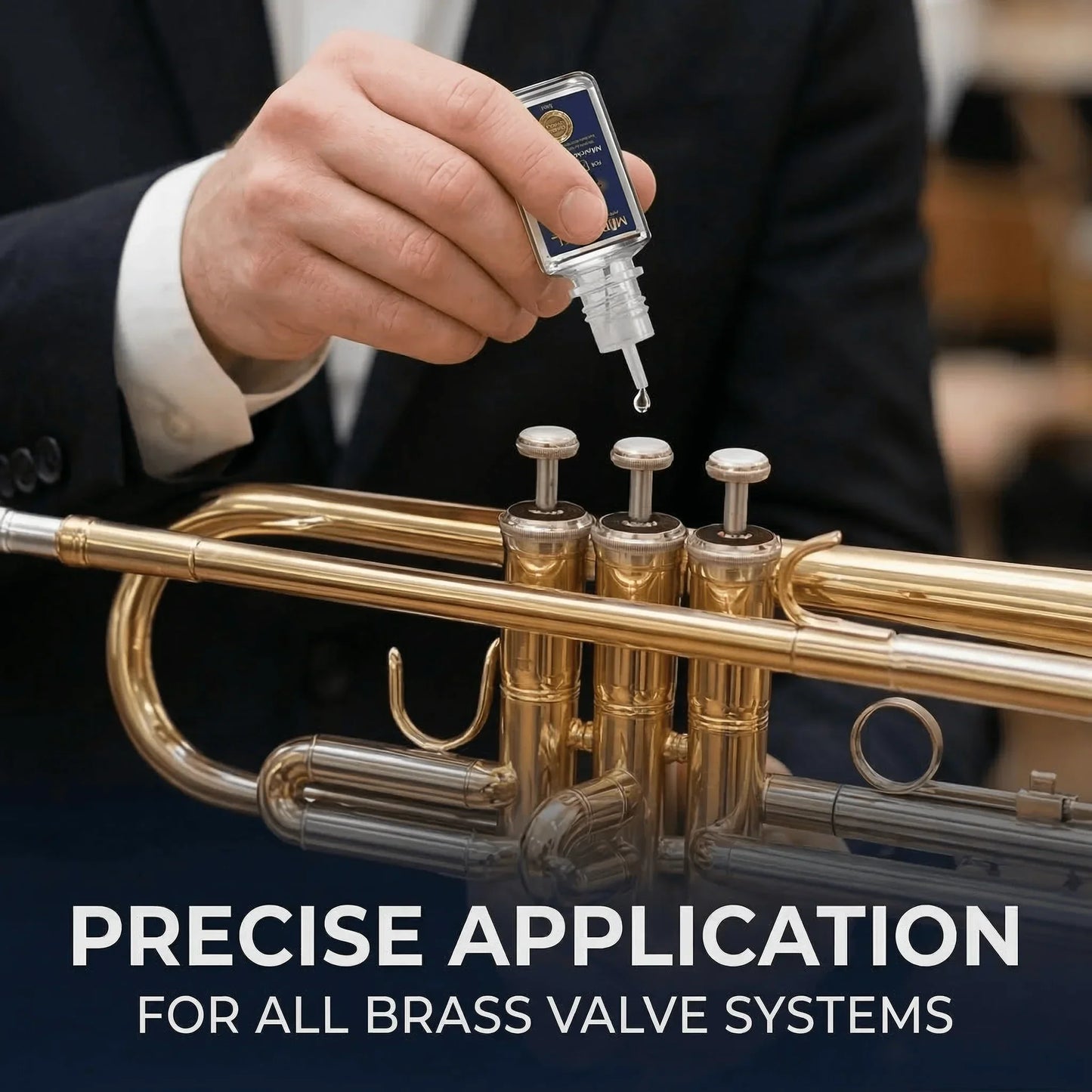 A clear glass bottle with a white dropper cap containing miravexl 30ml musical valve oil grease for saxophone brass horn maintenance