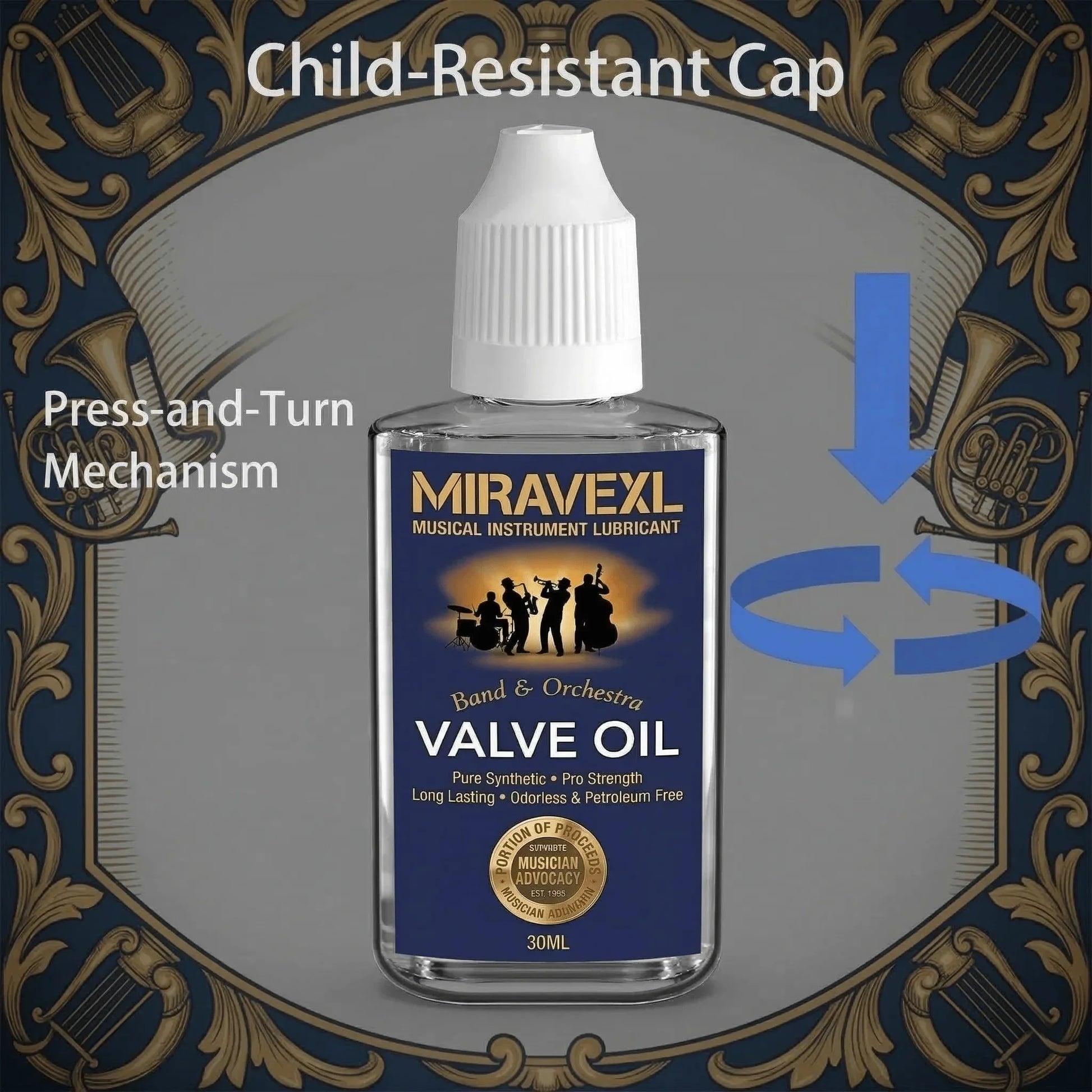 A clear glass bottle of miravexl 30ml musical valve oil grease with a white child-resistant cap for saxophone brass horn maintenance