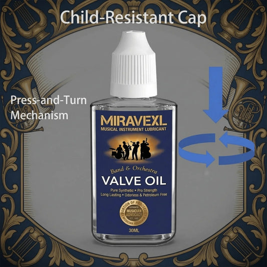 A clear glass bottle of miravexl 30ml musical valve oil grease with a white child-resistant cap for saxophone brass horn maintenance