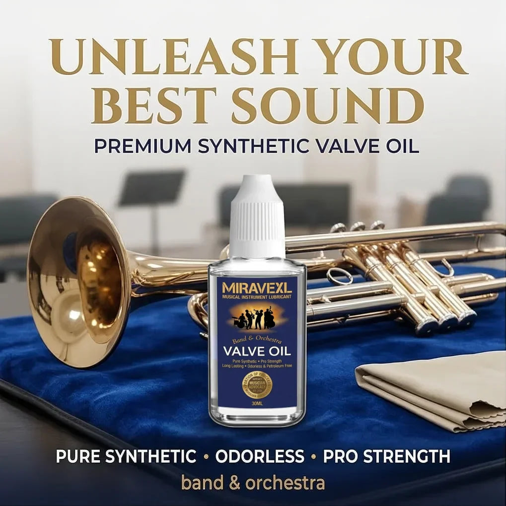 A clear glass bottle with a white cap and blue label containing miravexl 30ml musical valve oil for saxophone brass horn parts lubricant maintenance