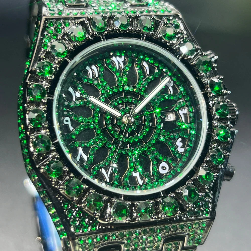 Missfox hip hop wristwatch for men luxury green watch wterproof with diamond watches fashion and week display clock features emerald green dial