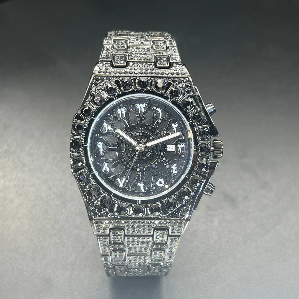 A luxurious silver chronograph missfox diamond watches fashion with black dial green watch wterproof and week display clock