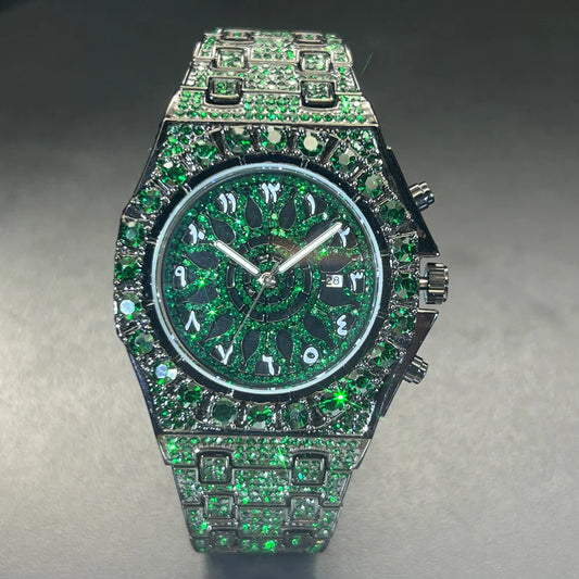 Missfox mens hip hop chronograph watch with emerald green diamond watches fashion and week display clock features waterproof design