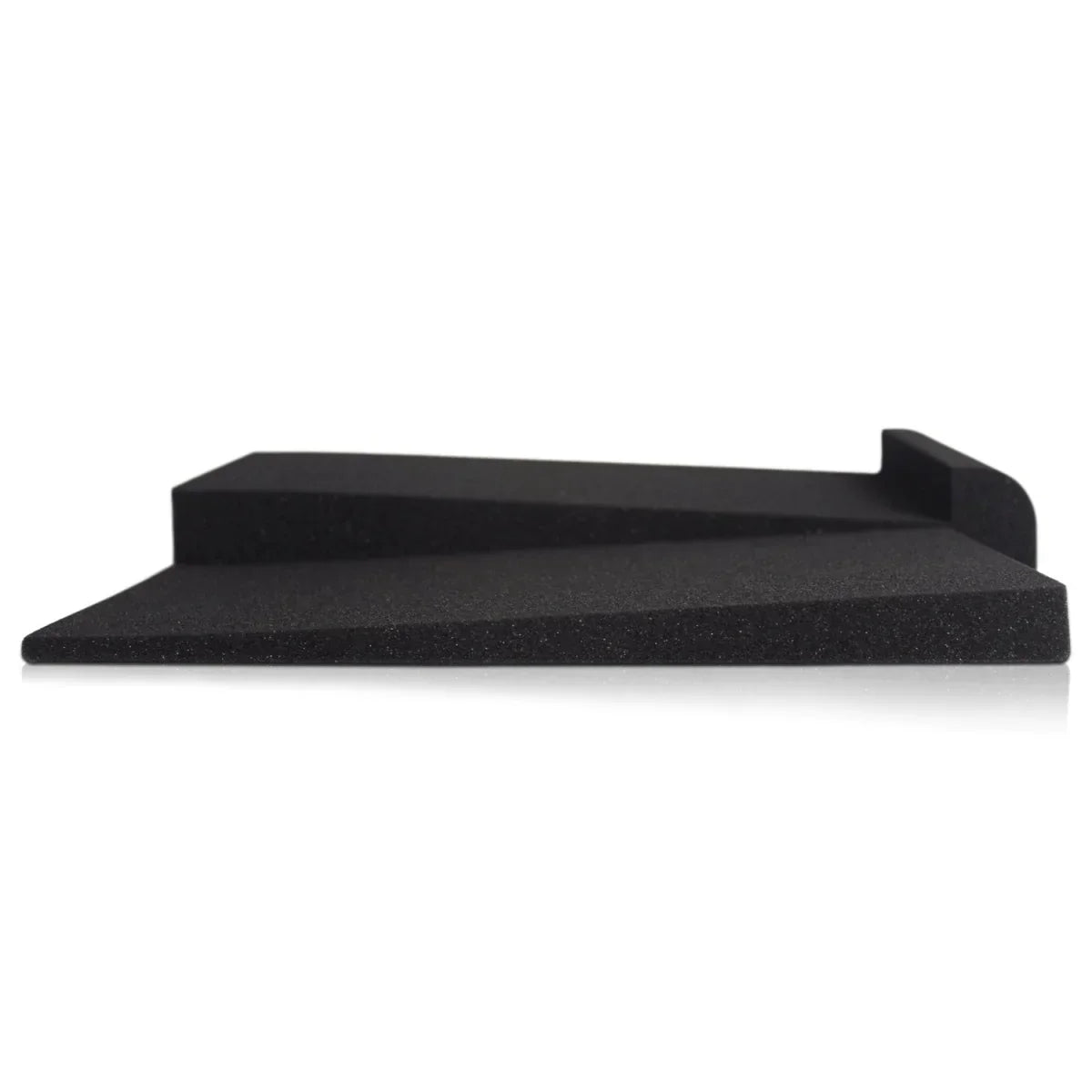 Black foam acoustic isolation pads with textured angular tiered design for monitor speaker isolation and vibration prevention