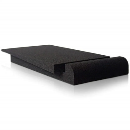 Black rectangular foam acoustic isolation pad with textured surface and curved edge for monitor speaker isolation and vibration prevention
