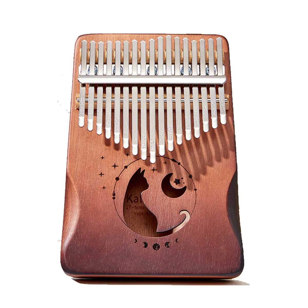 A mahogany wood miwayer cat kalimba thumb piano with silver keys and engraved cat and moon design for beginners