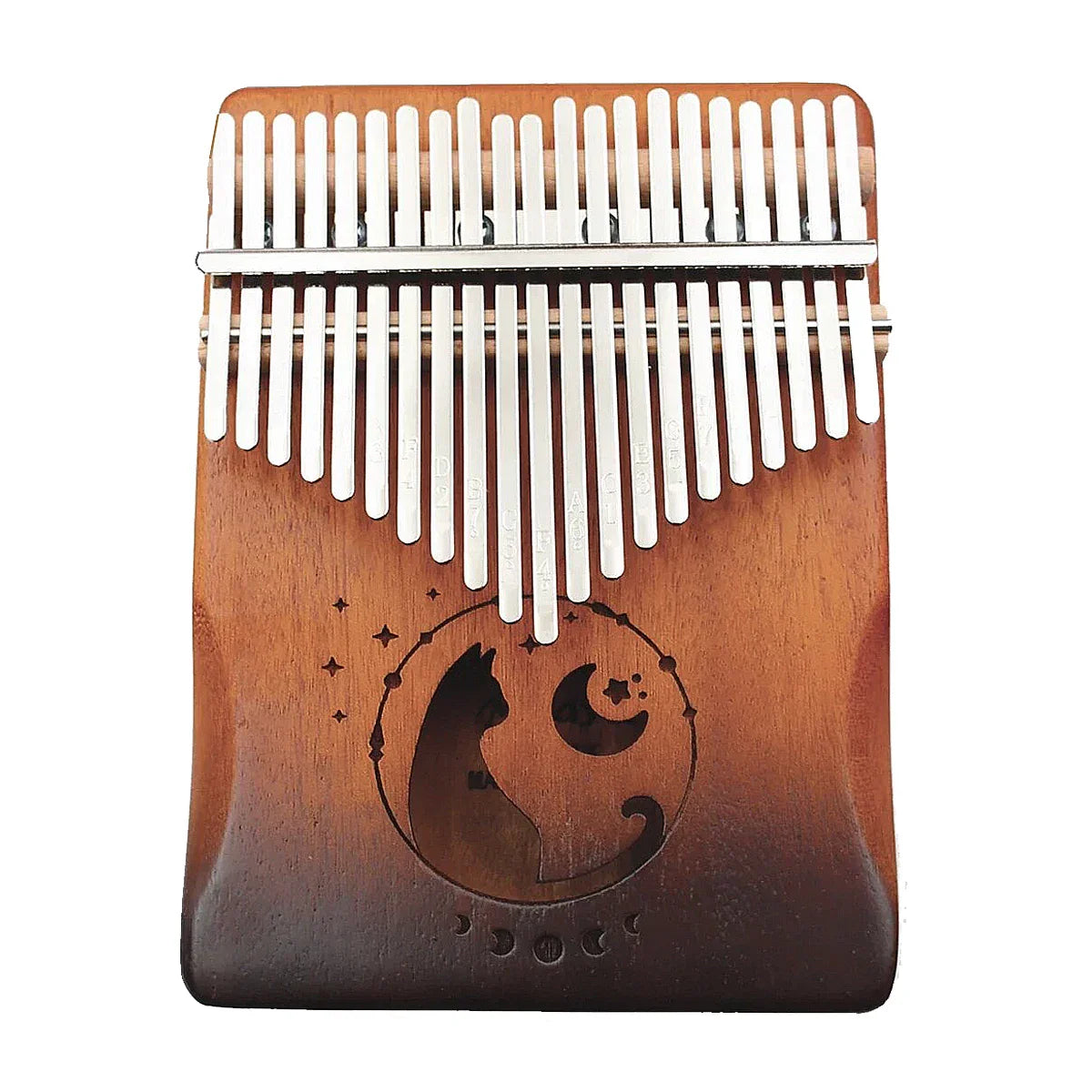 A wooden cat kalimba thumb piano mahogany with silver tines featuring an engraved cat and crescent moon design