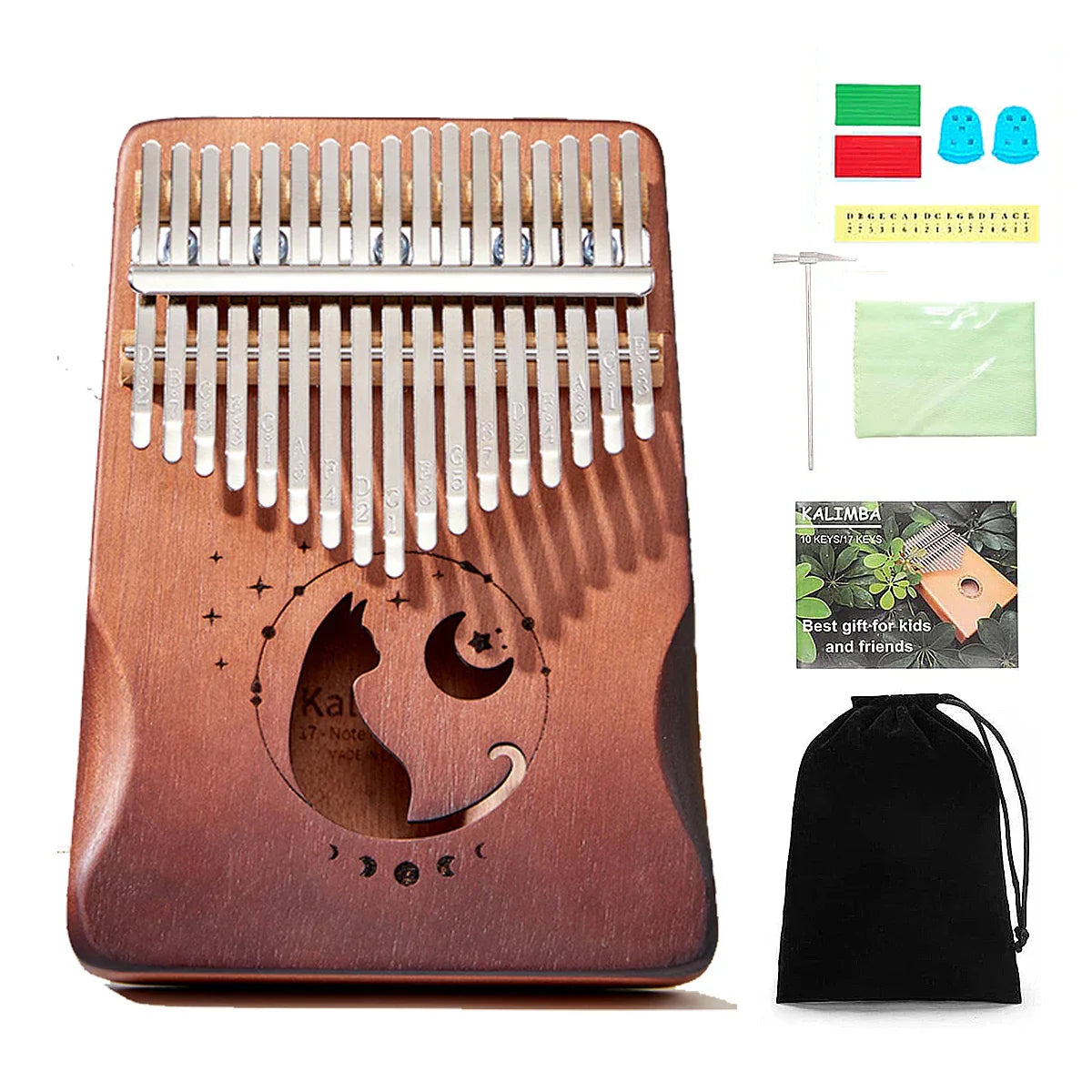 Brown wooden miwayer cat kalimba thumb piano mahogany with silver tines beginner musical instrument with carved design