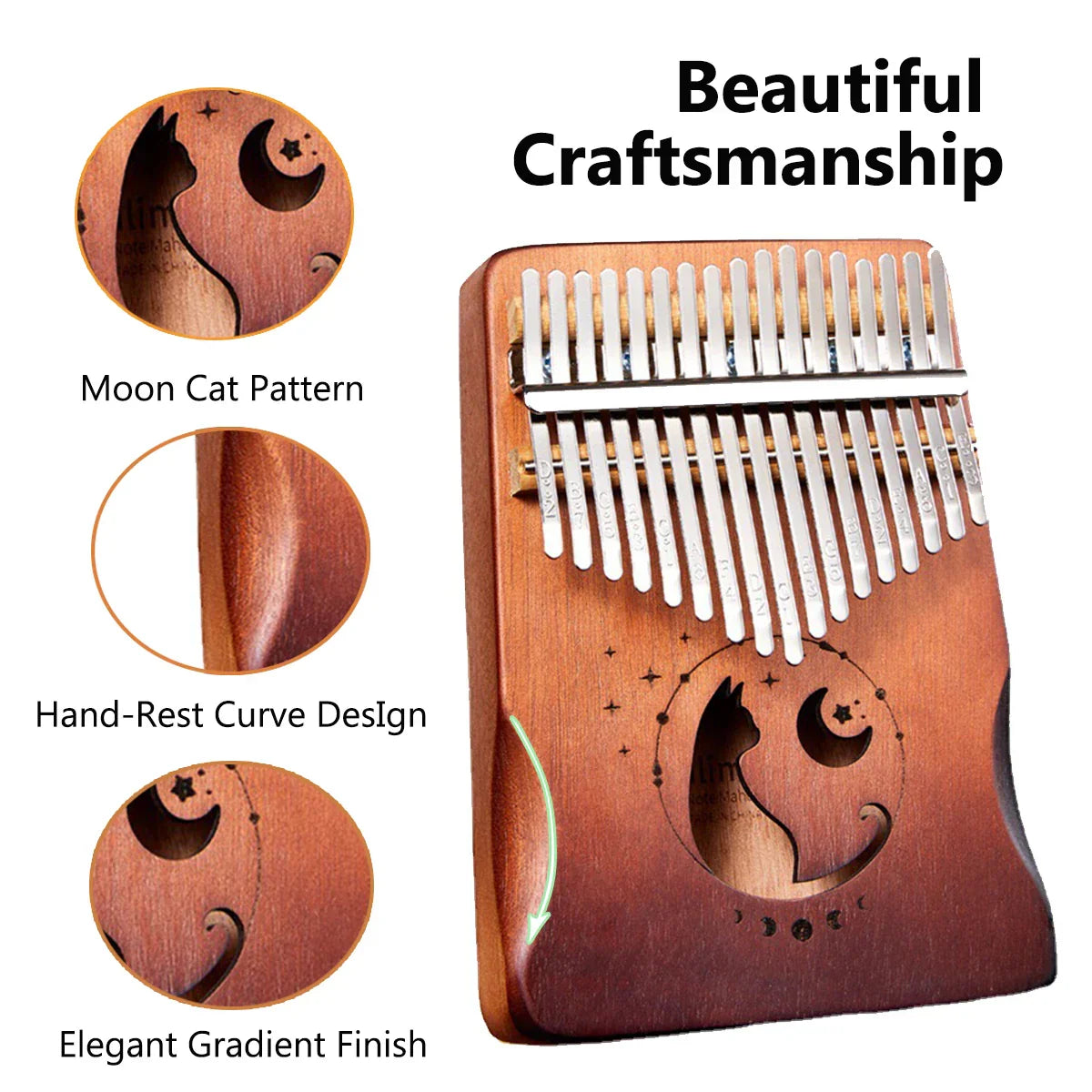 Miwayer cat kalimba thumb piano mahogany wood with moon cat pattern silver tines beginner musical instrument